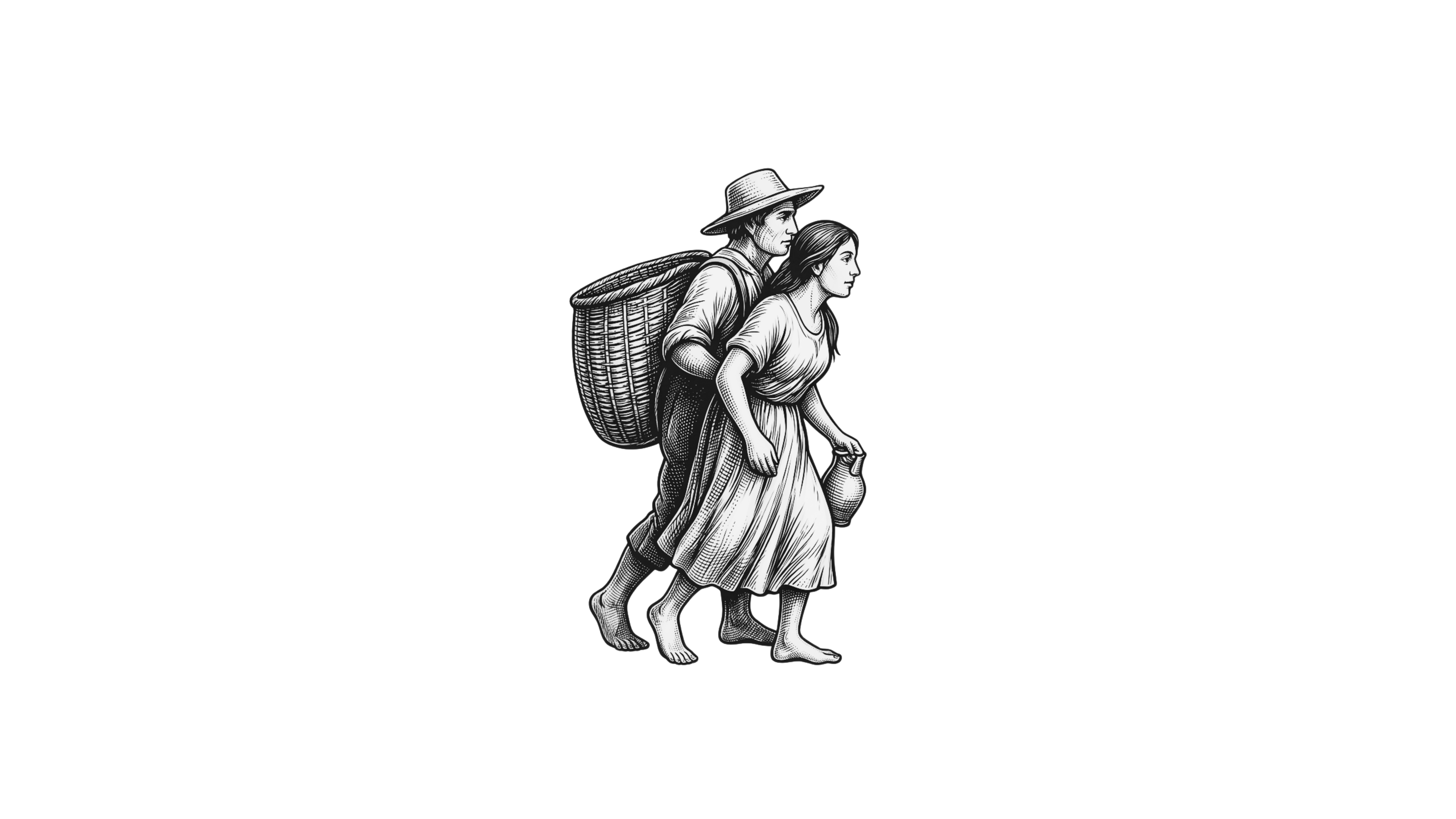 Hills & Harvest logo illustration — figures inspired by traditional Guatemalan coffee harvest workers